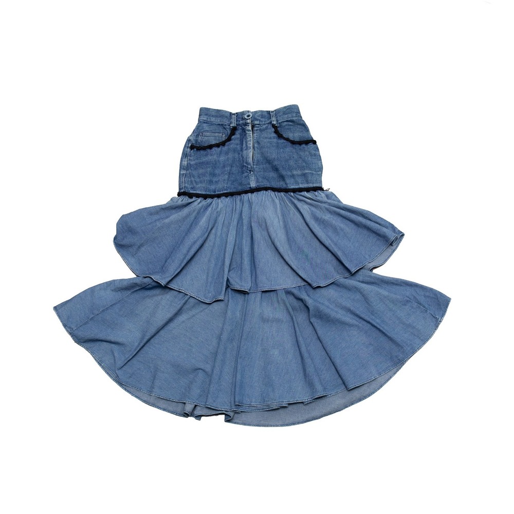 Moschino Vintage Denim Tiered Ruffle Maxi Skirt Blue Black Trim Size 42 - Picture 2 of 8